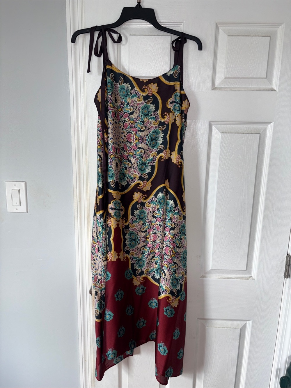 Zara Burgundy, Teal and Gold Floral Tie-Shoulder Maxi Dress